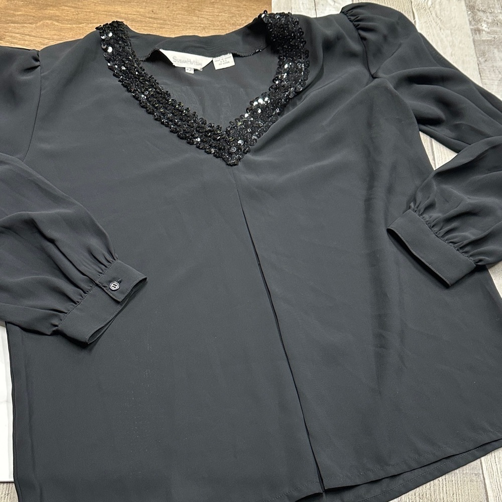Susan Hutton vintage Black Sequin V-Neck Blouse size 10